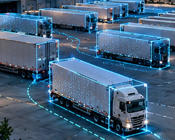 LiDAR tracking overlays on trucks and trailers moving through a yard