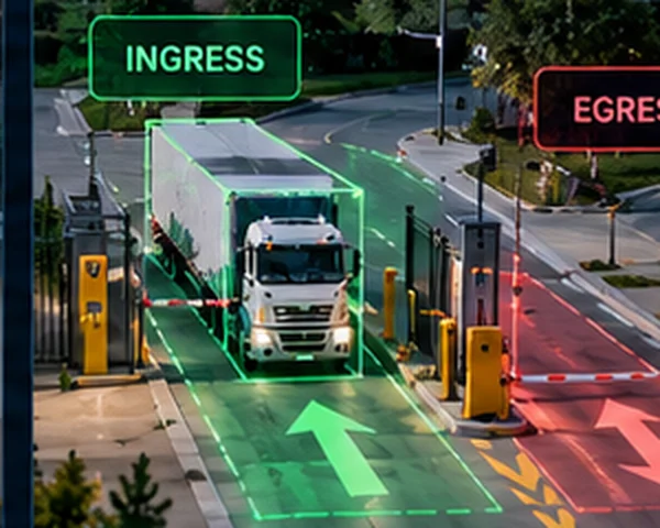 Truck entering a yard through an ingress lane next to an egress lane