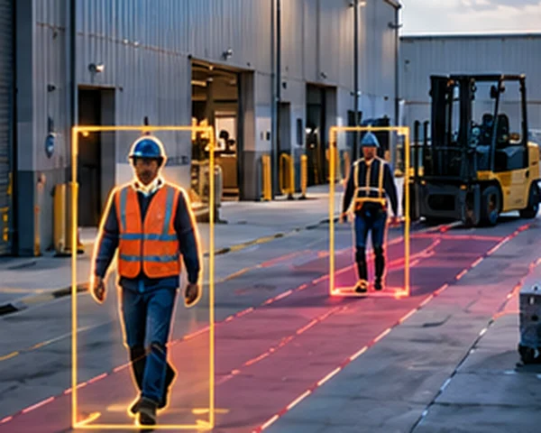 Pedestrians in safety vests detected with LiDAR bounding boxes near a loading dock