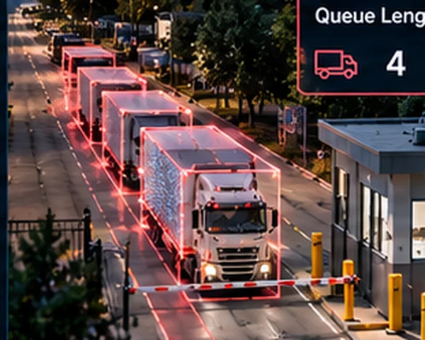 Line of trucks queued at a yard gate with a queue length counter