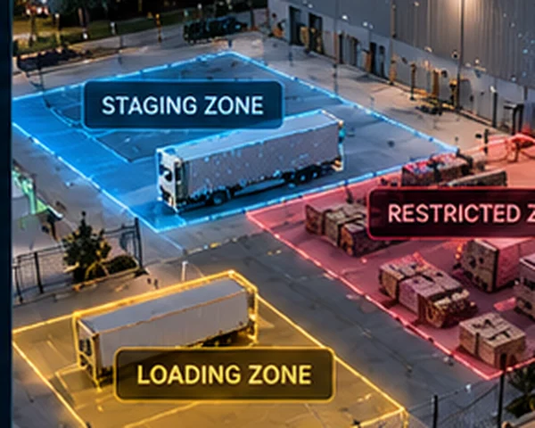 Staging, restricted and loading zones outlined across a yard