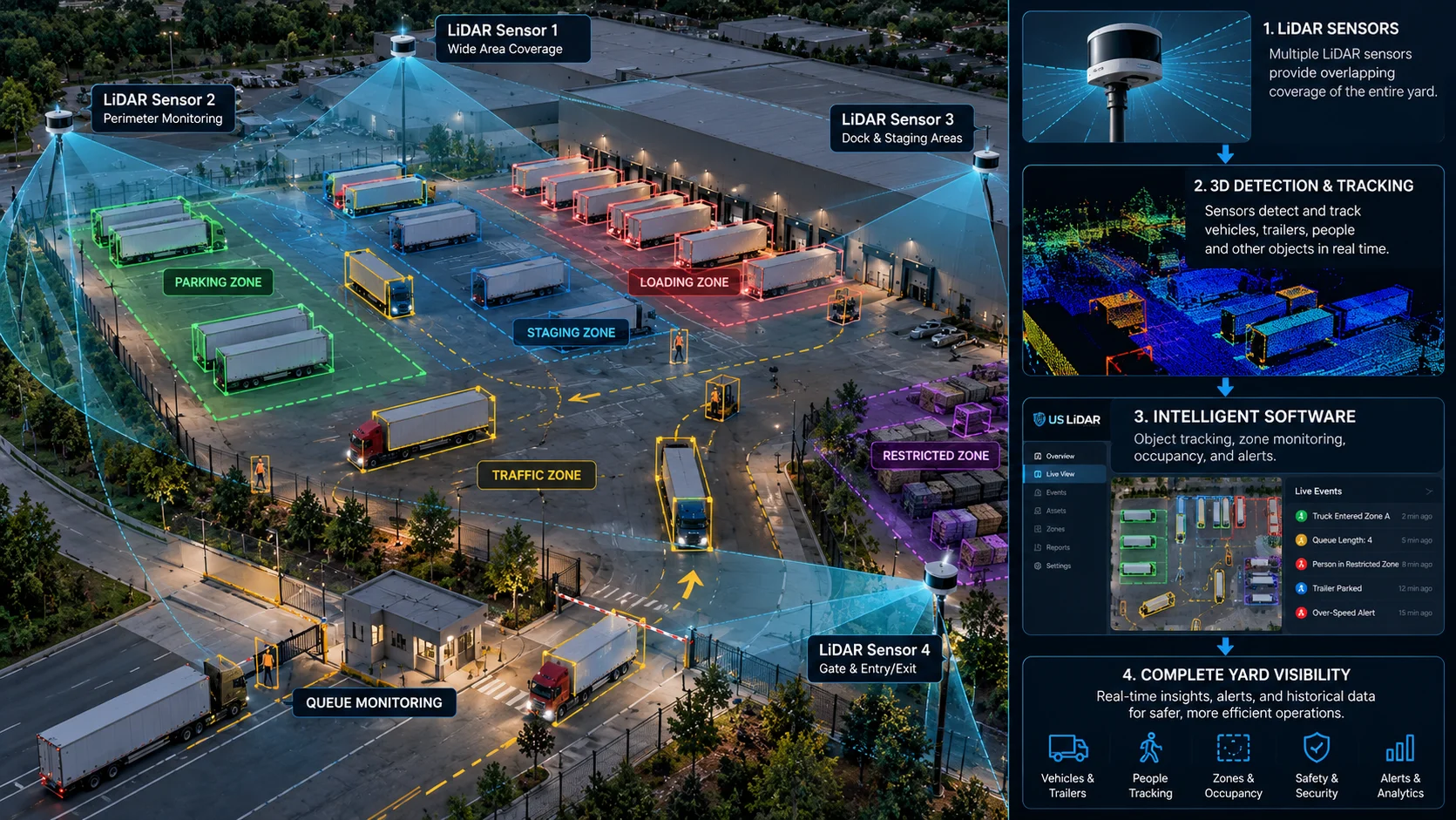 Diagram of LiDAR sensors covering a yard, 3D detection and tracking, monitoring software and complete yard visibility