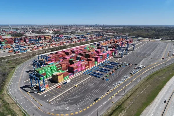 Intermodal container yard with stacked shipping containers